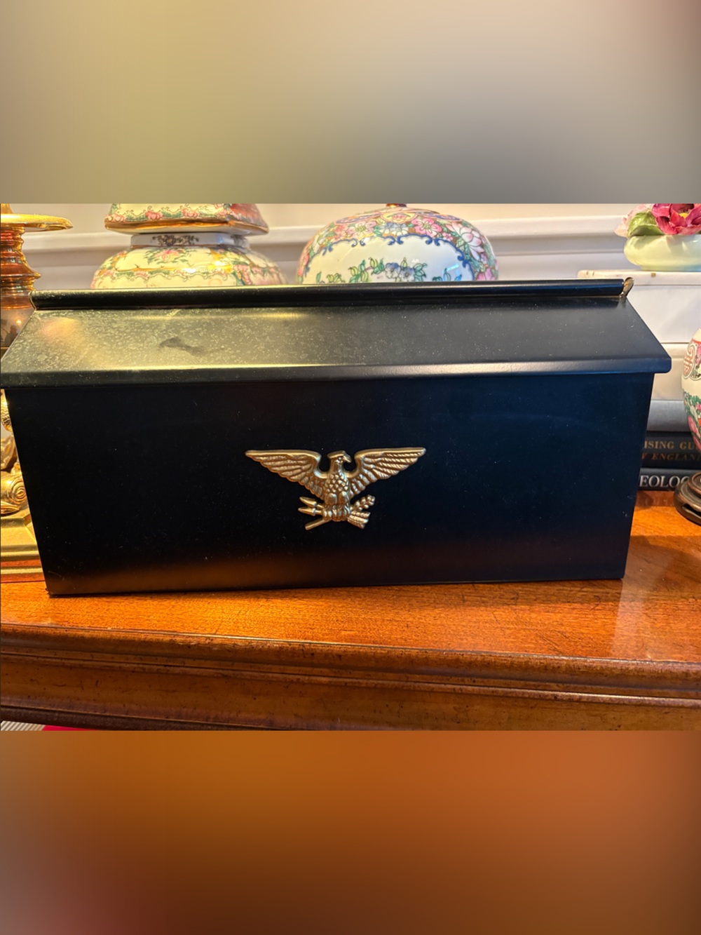 Vintage Black Metal Mailbox w Eagle Decoration